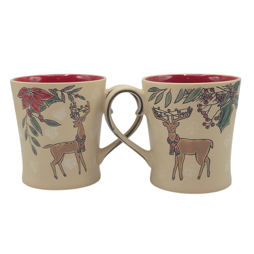 ELI + ANA Embossed‎ Winter Deer Ceramic Coffee Mug 16oz Hand Painted Set Of 2